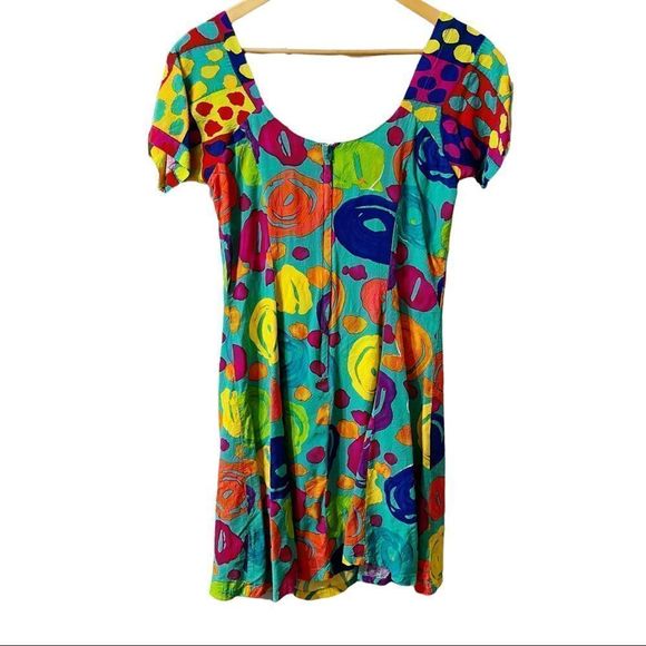 Sz 7 Vintage Colorful Rainbow Tie Front Dress Hawaiian Jams World Crushed Rayon - Picture 2 of 8